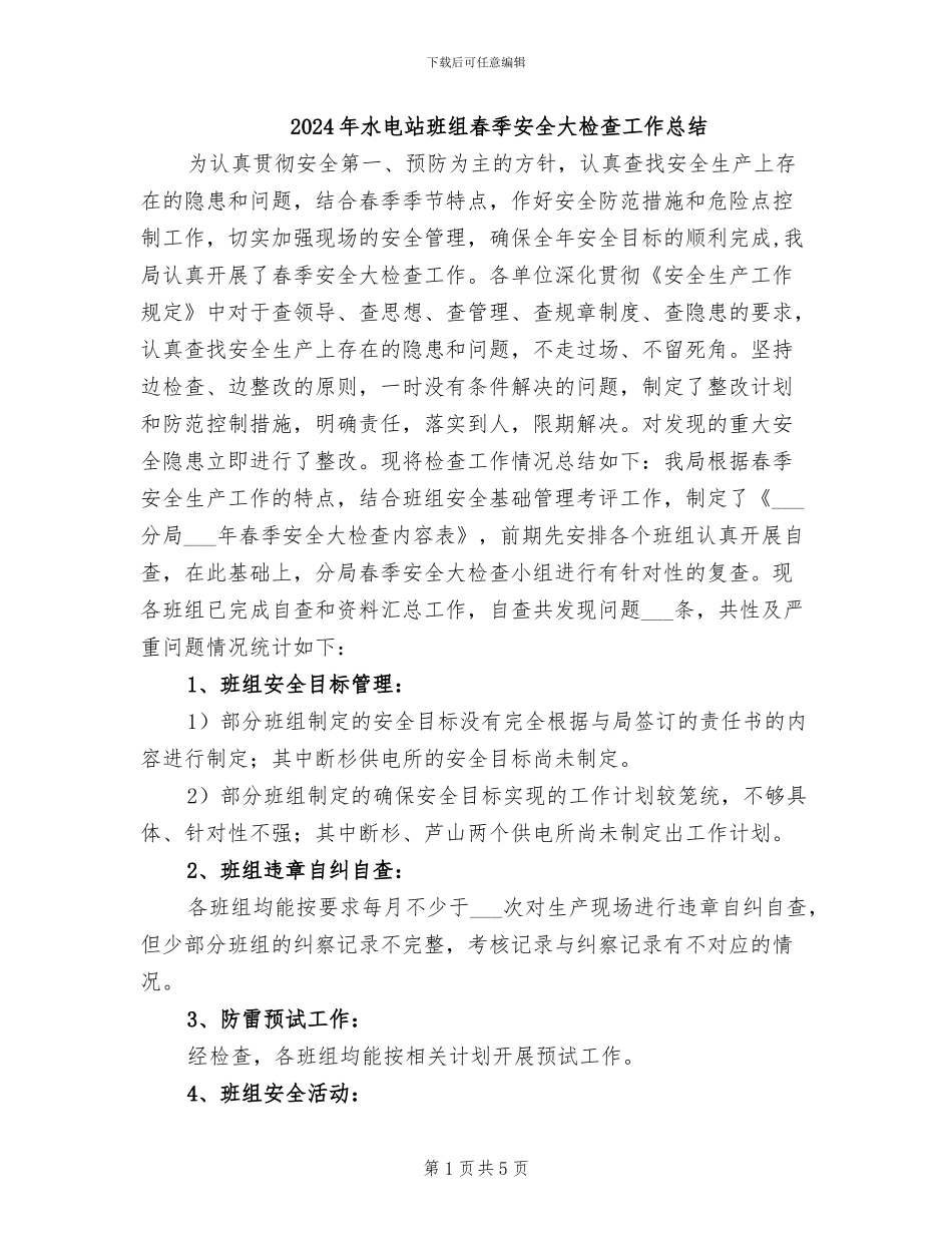 2024年水电站班组春季安全大检查工作总结_第1页