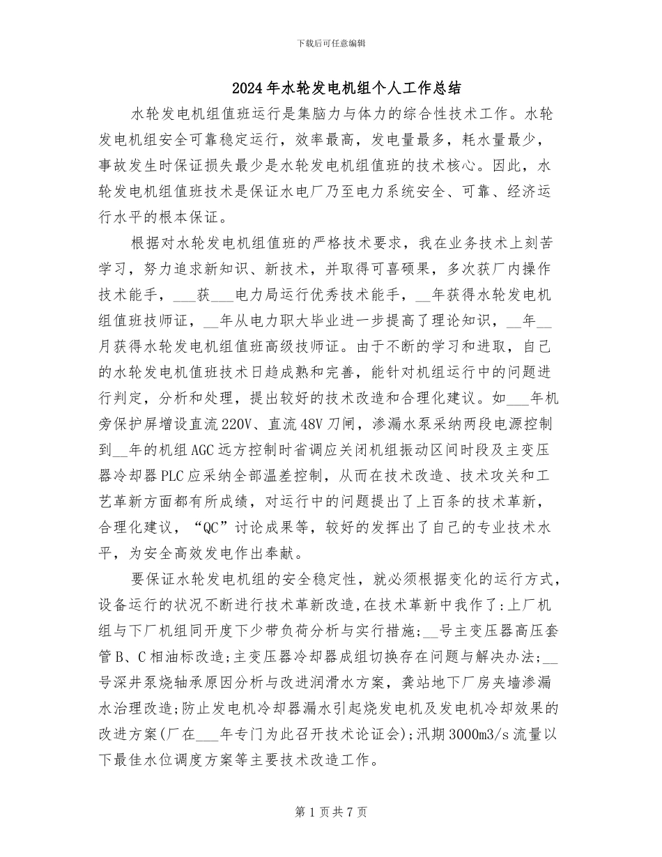 2024年水轮发电机组个人工作总结_第1页