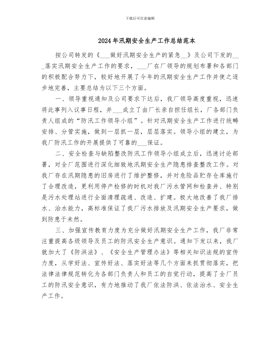 2024年汛期安全生产工作总结范本_第1页