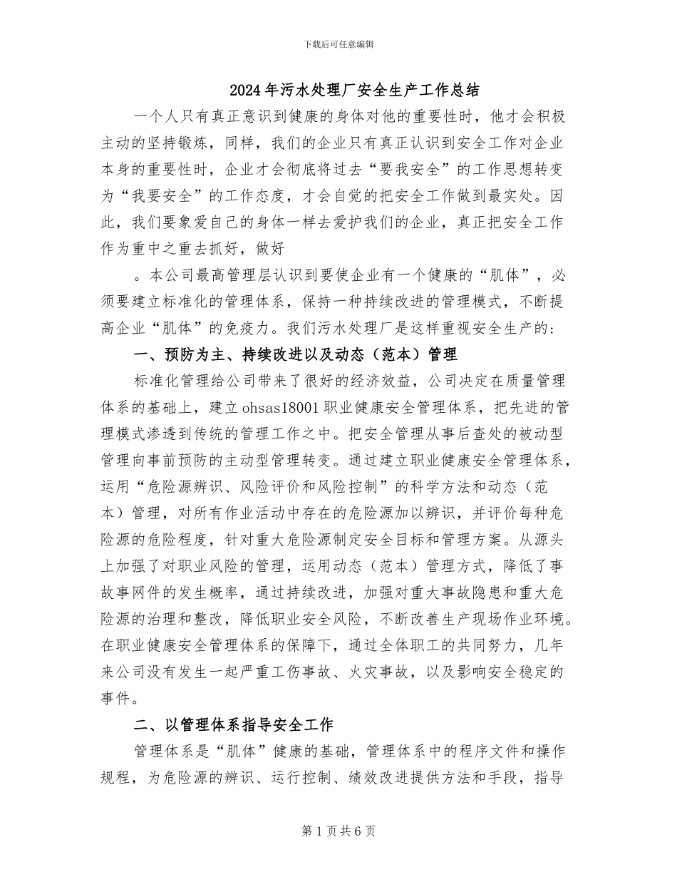 2024年污水处理厂安全生产工作总结_第1页