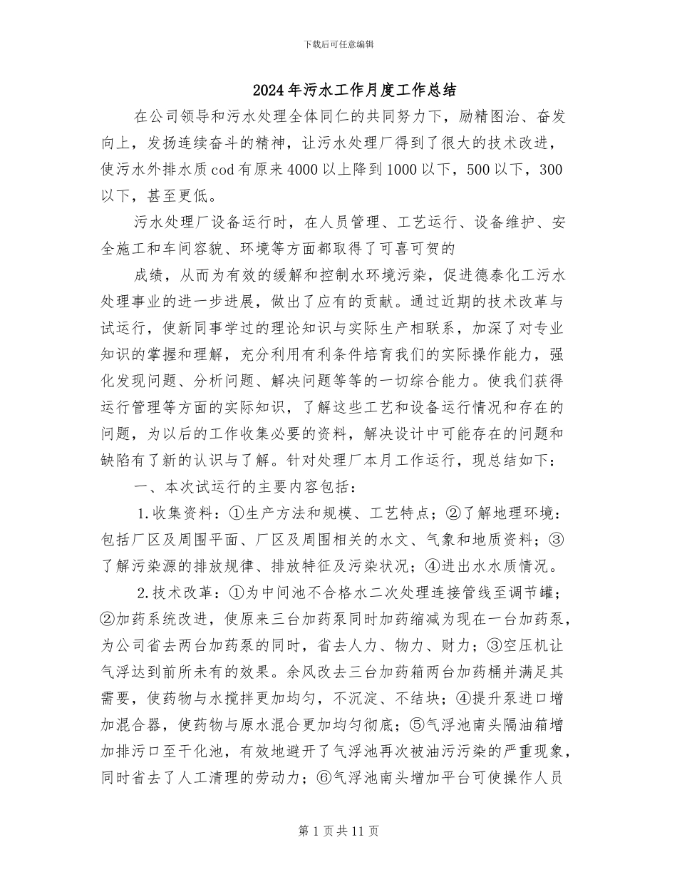 2024年污水工作月度工作总结_第1页