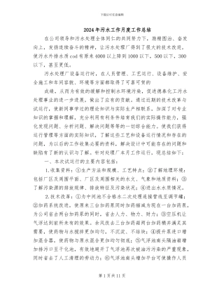 2024年污水工作月度工作总结