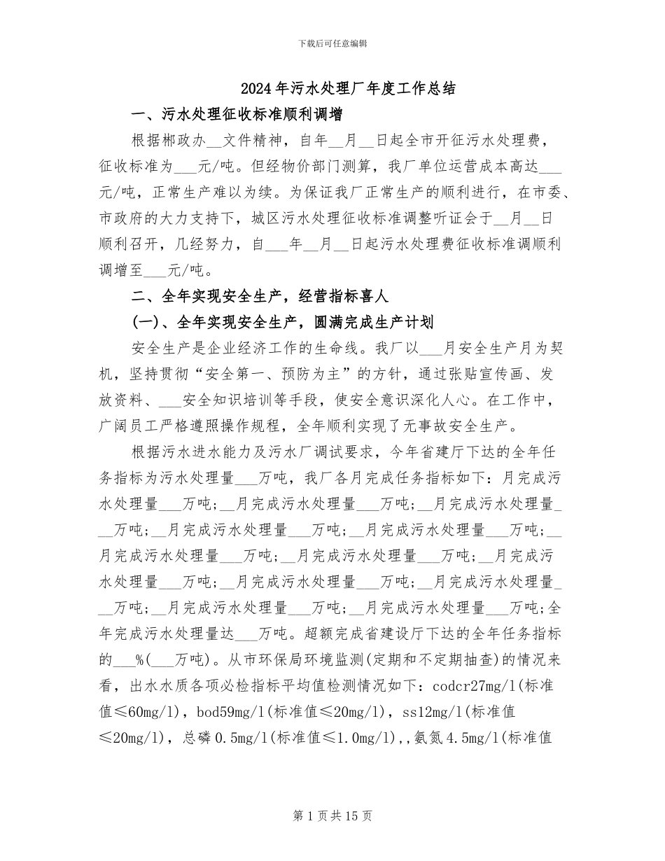 2024年污水处理厂年度工作总结_第1页