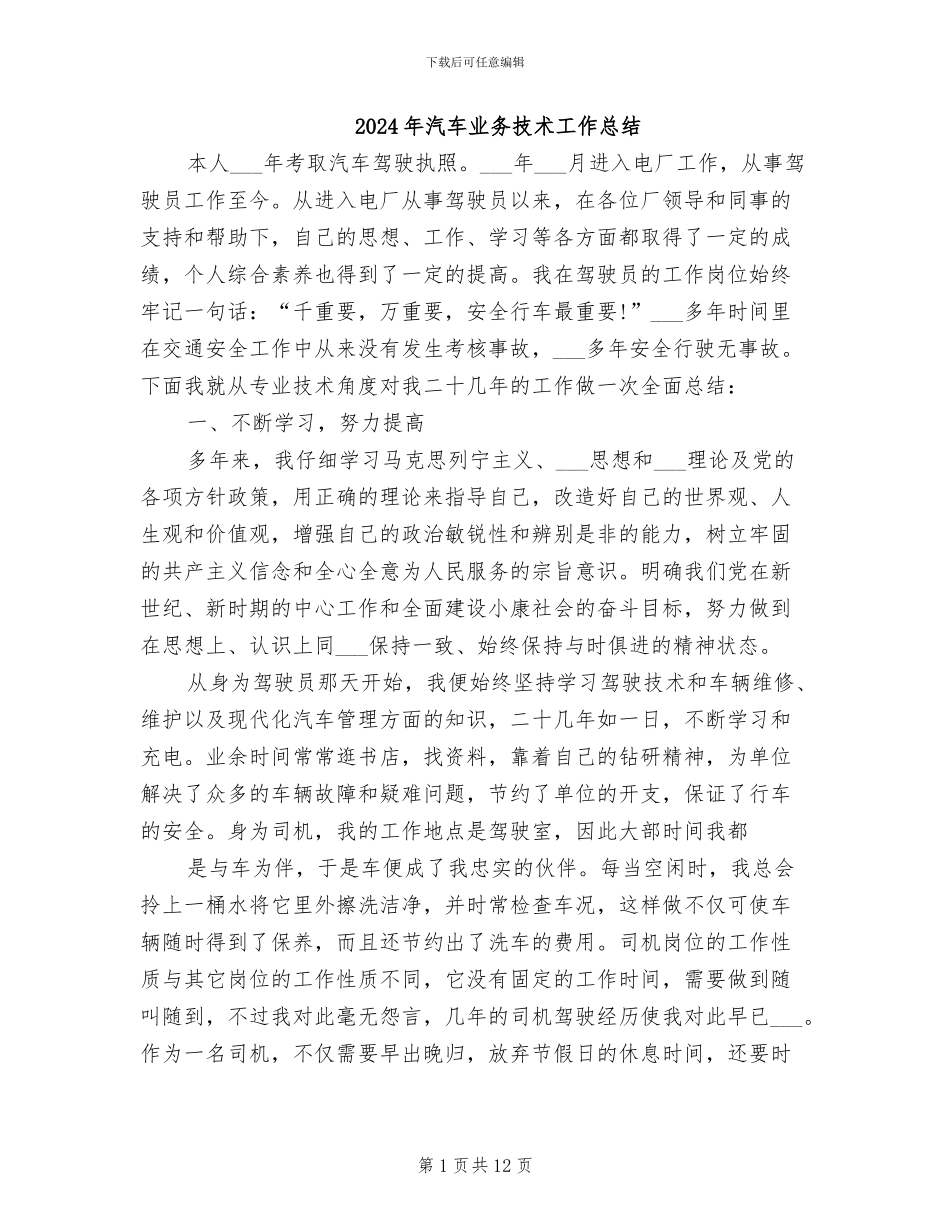 2024年汽车业务技术工作总结_第1页