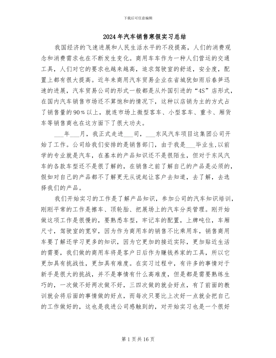 2024年汽车销售寒假实习总结_第1页