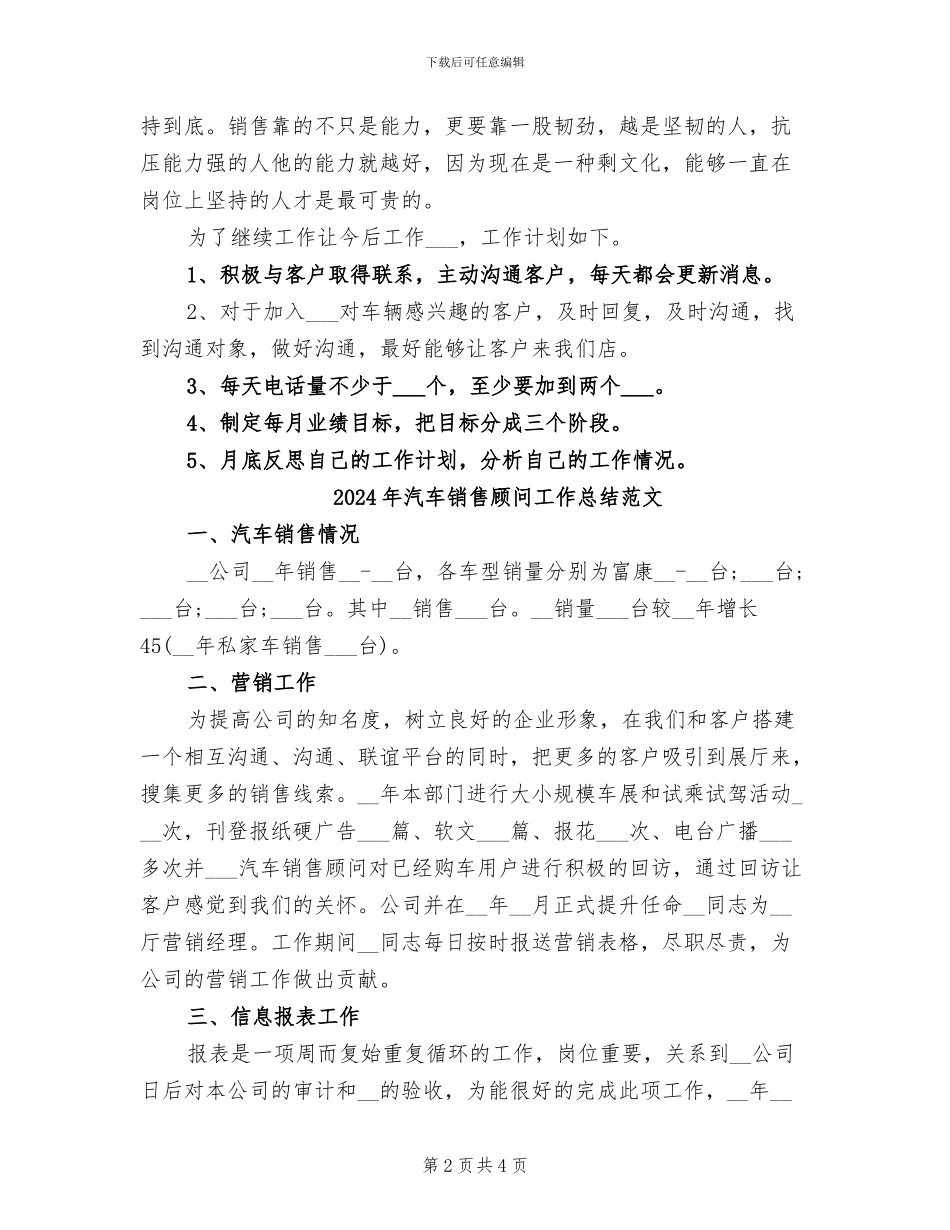 2024年汽车销售顾问工作总结及计划_第2页