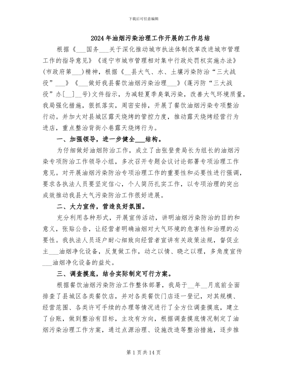 2024年油烟污染治理工作开展的工作总结_第1页