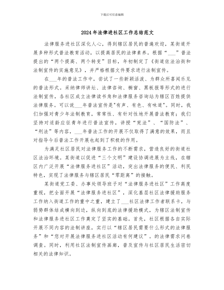 2024年法律进社区工作总结范文_第1页