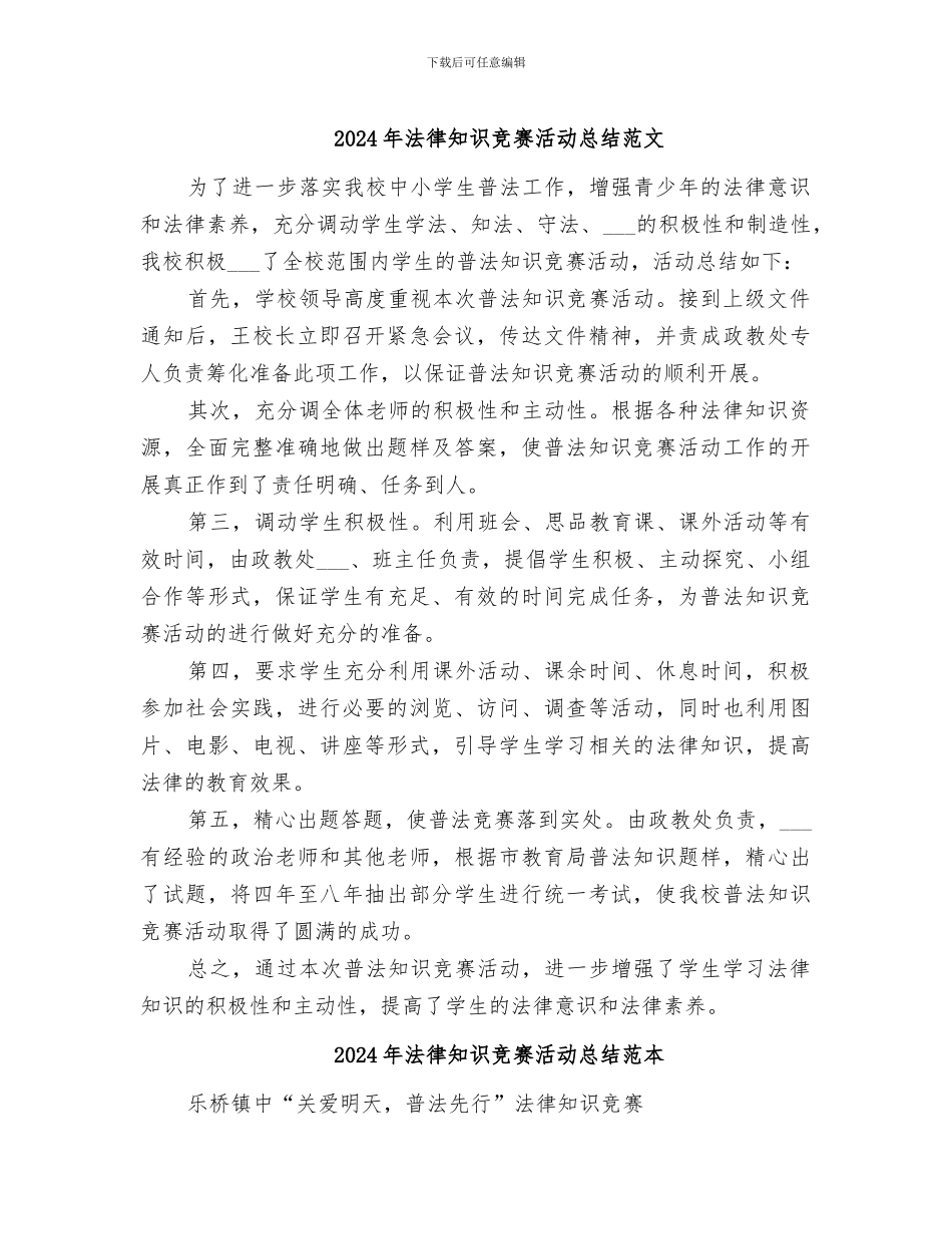 2024年法律知识竞赛活动总结范文_第1页