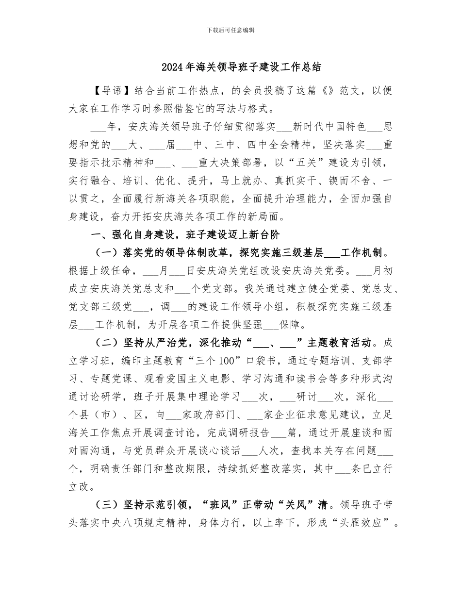 2024年海关领导班子建设工作总结_第1页