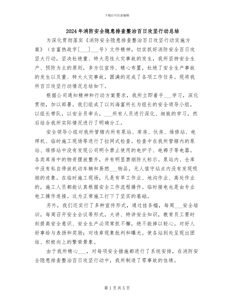 2024年消防安全隐患排查整治百日攻坚行动总结_第1页