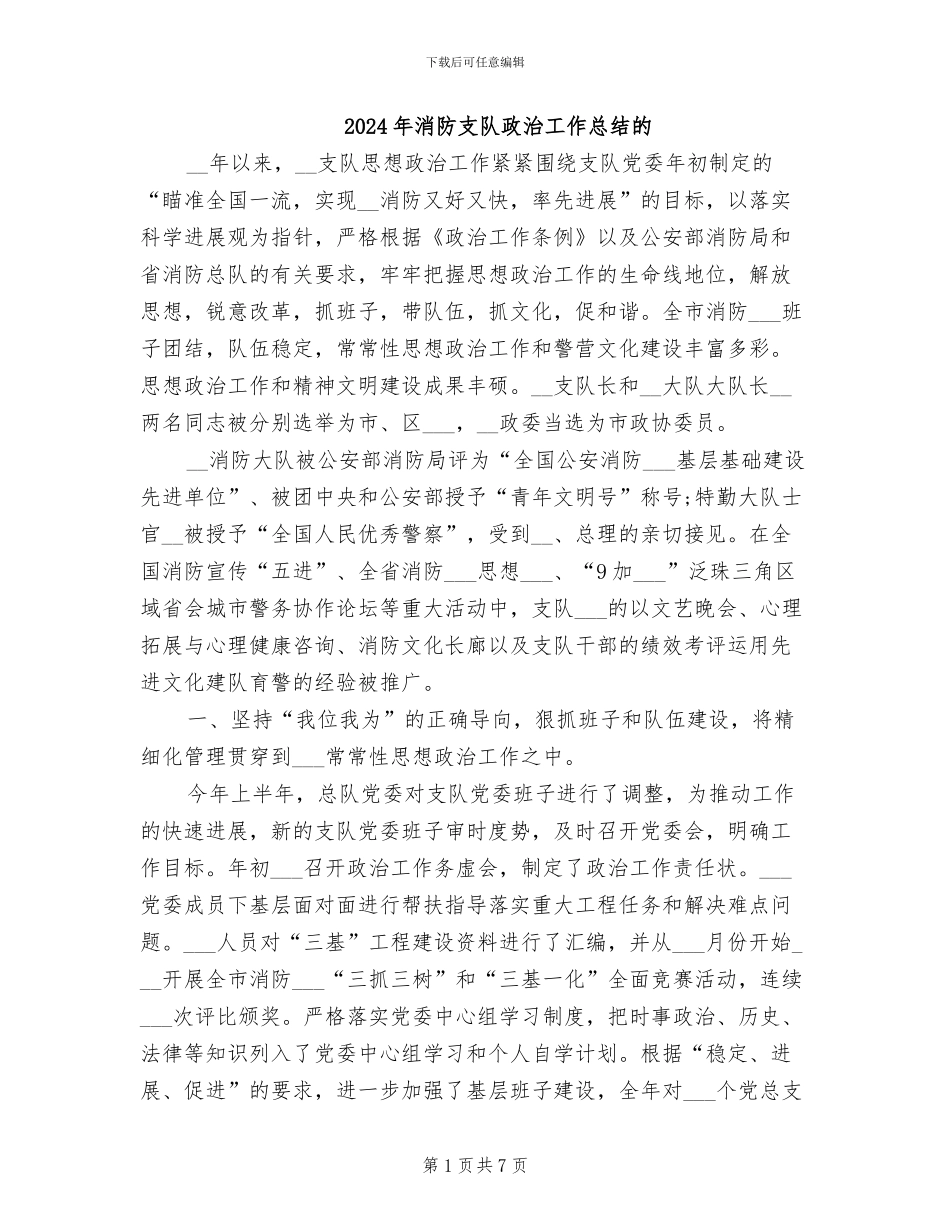 2024年消防支队政治工作总结的_第1页