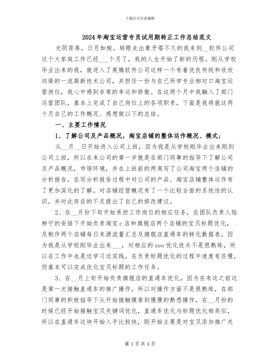 2024年淘宝运营专员试用期转正工作总结范文_第1页
