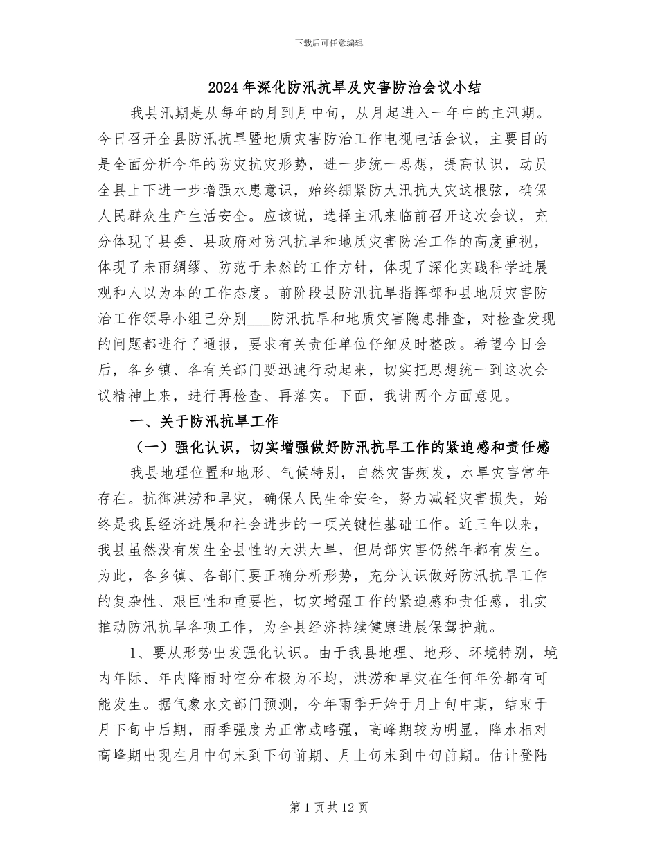 2024年深入防汛抗旱及灾害防治会议小结_第1页