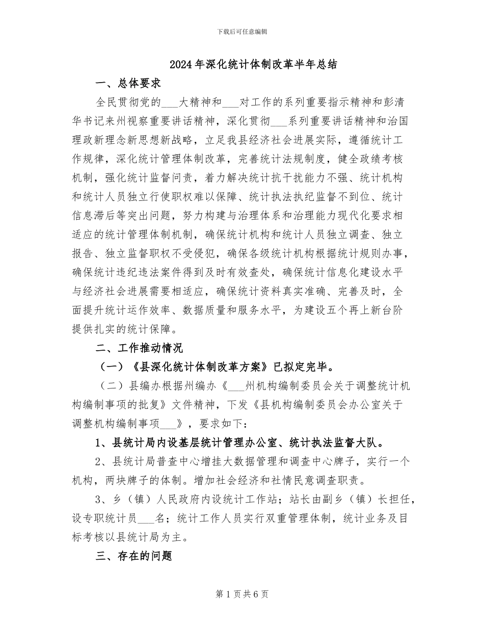 2024年深化统计体制改革半年总结_第1页