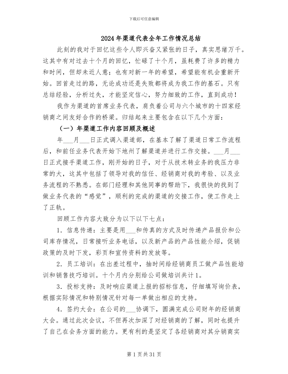 2024年渠道代表全年工作情况总结_第1页