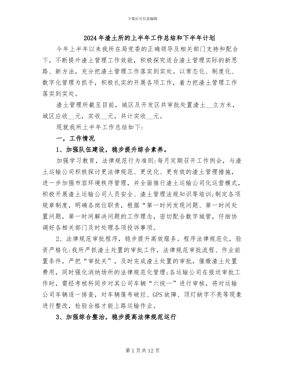 2024年渣土所的上半年工作总结和下半年计划_第1页