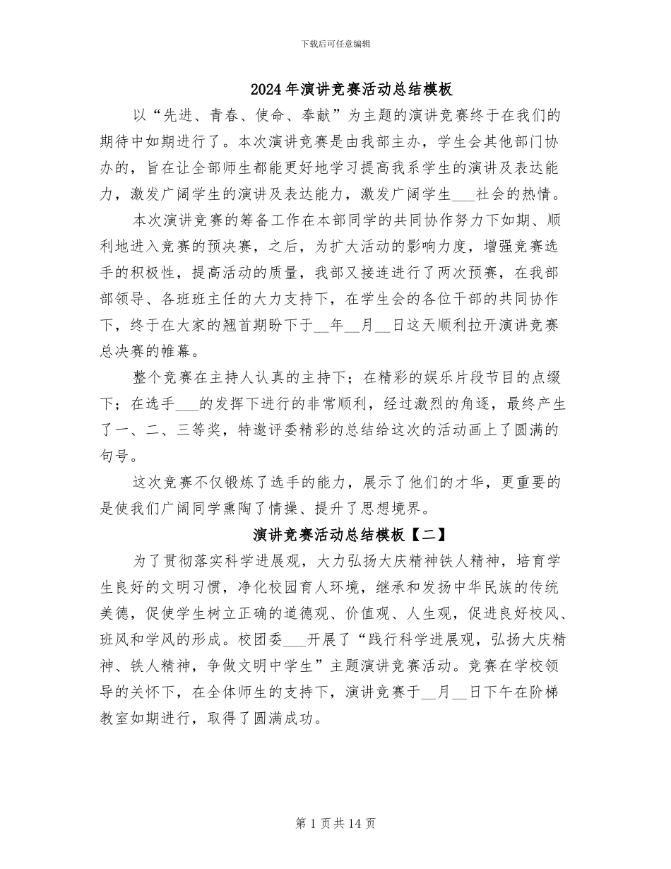 2024年演讲比赛活动总结模板_第1页