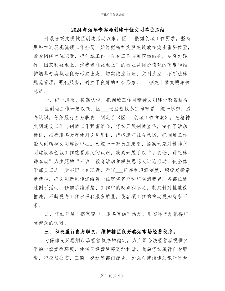 2024年烟草专卖局创建十佳文明单位总结_第1页
