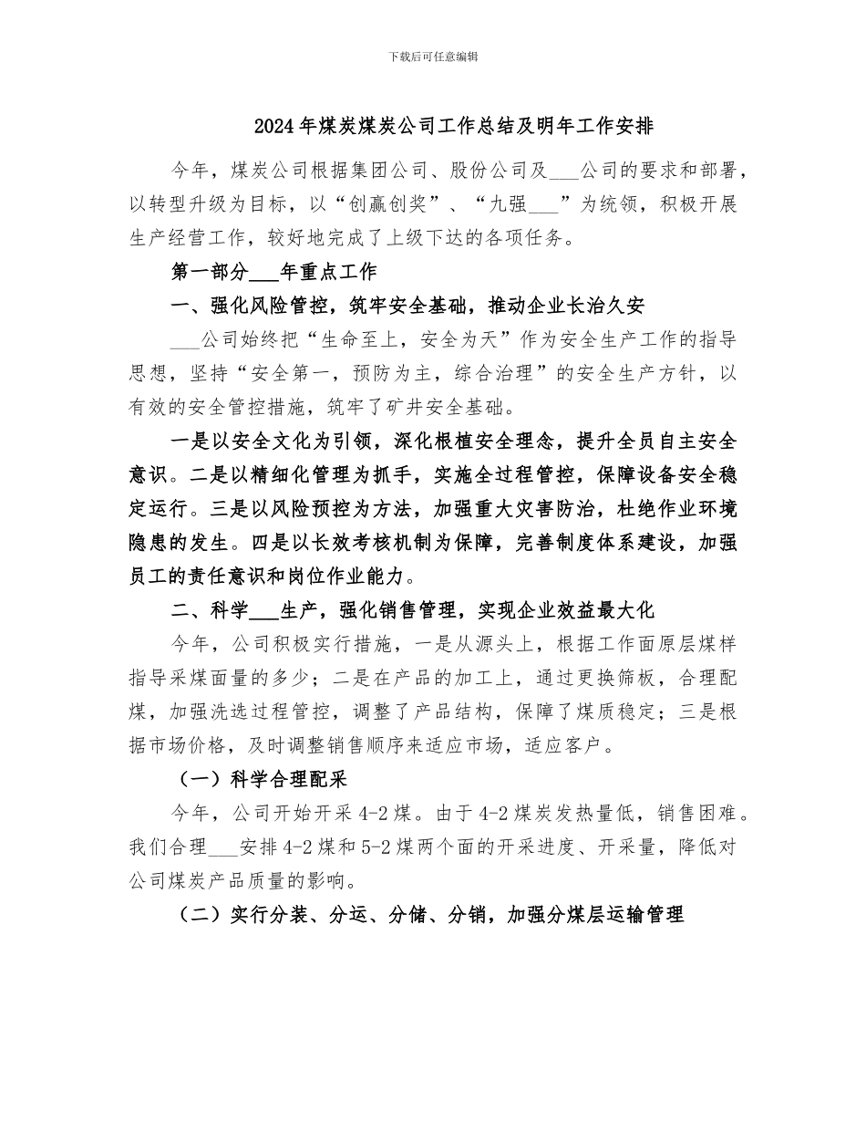 2024年煤炭煤炭公司工作总结及明年工作安排_第1页