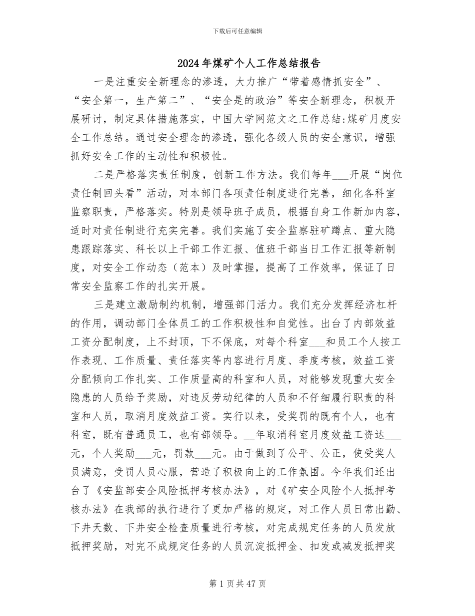 2024年煤矿个人工作总结报告_第1页