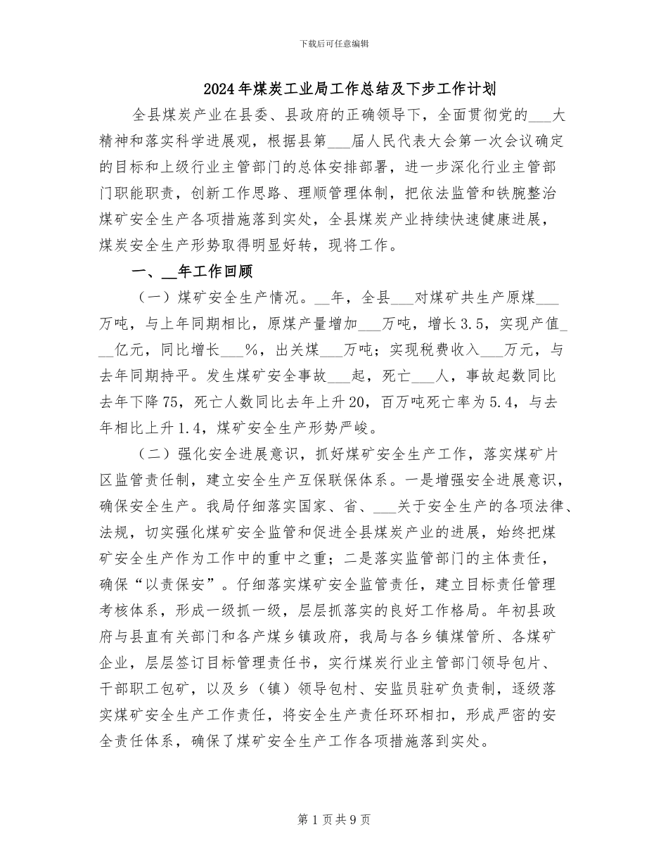 2024年煤炭工业局工作总结及下步工作计划_第1页