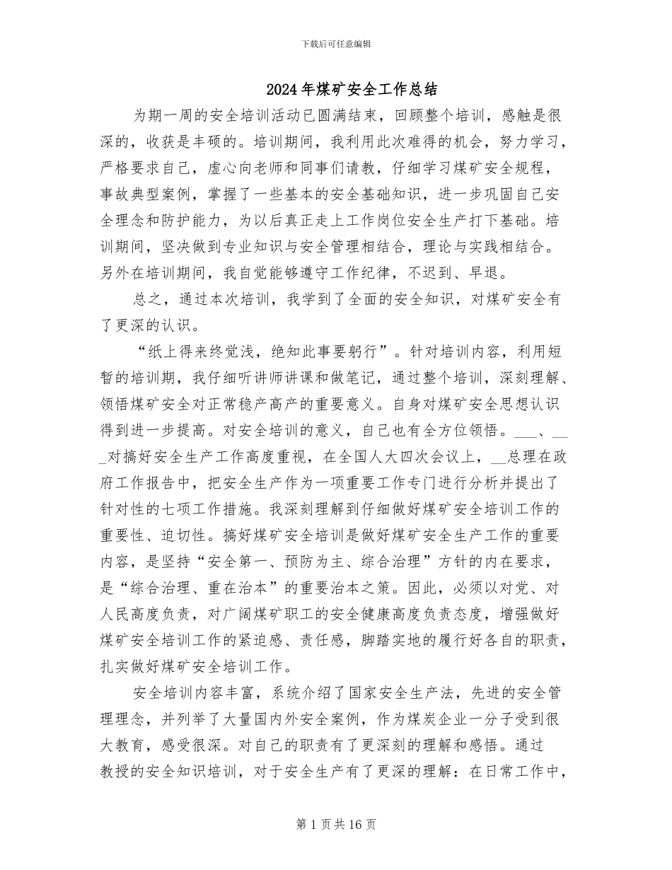 2024年煤矿安全工作总结_第1页