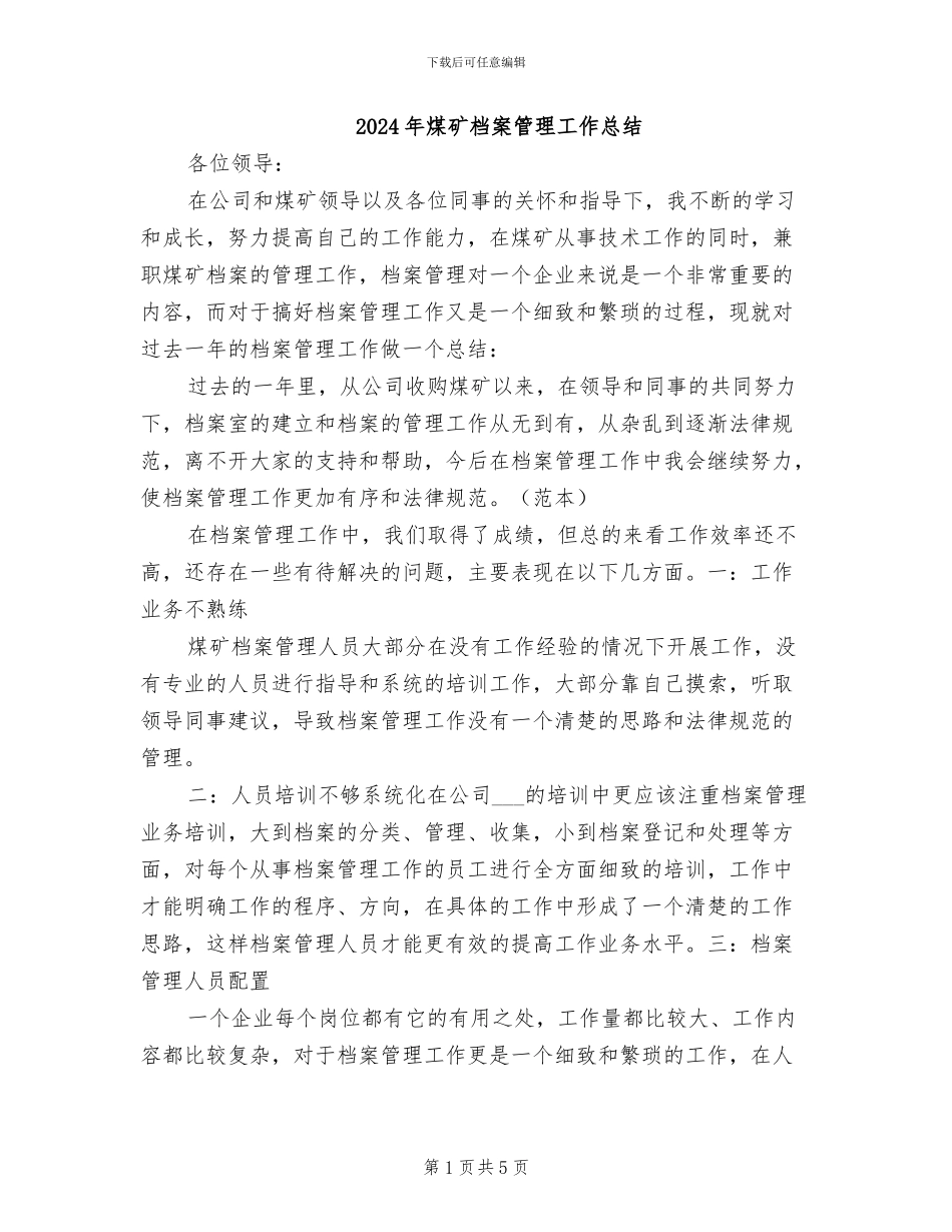 2024年煤矿档案管理工作总结_第1页