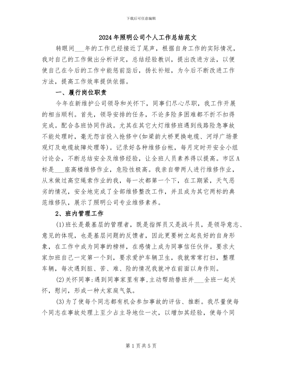 2024年照明公司个人工作总结范文_第1页