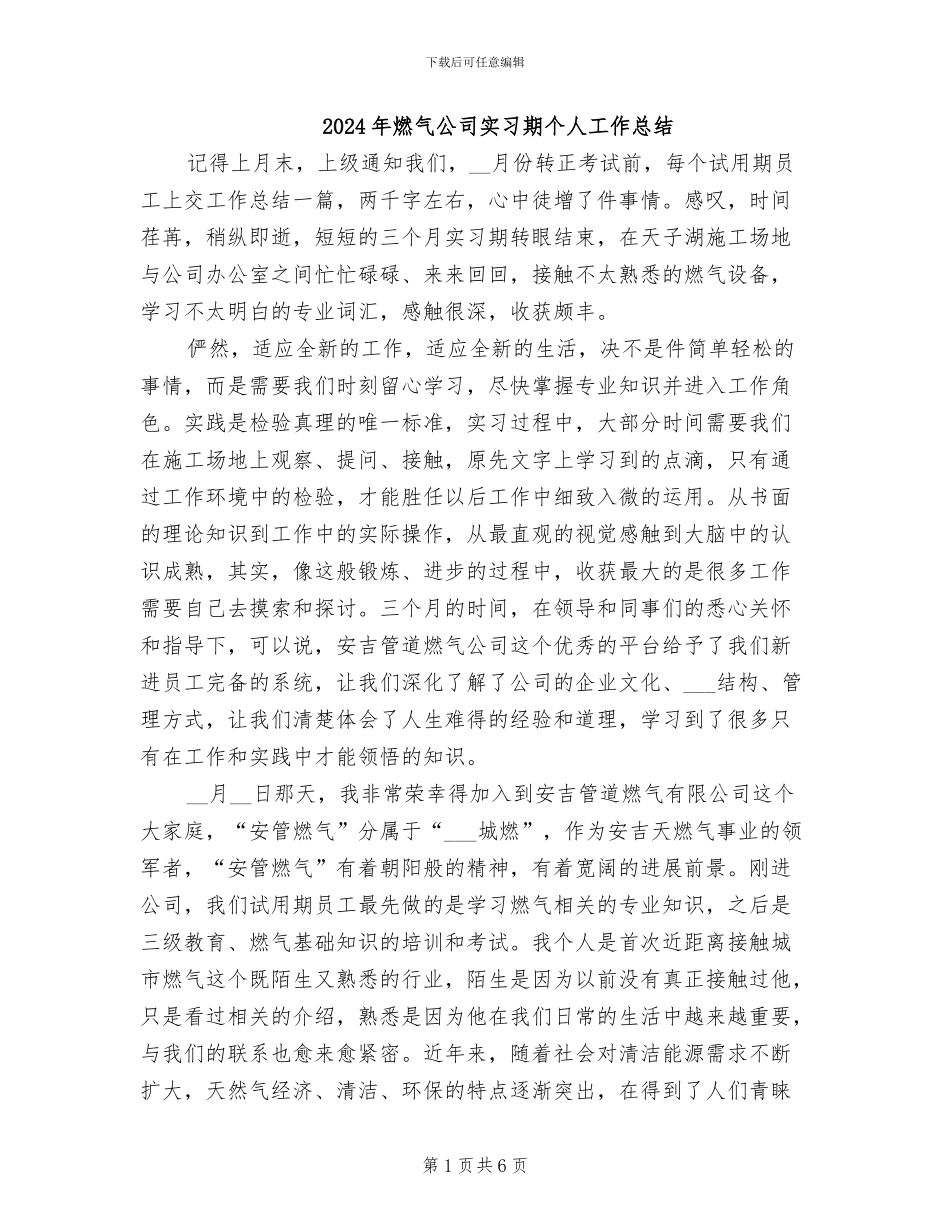 2024年燃气公司实习期个人工作总结_第1页