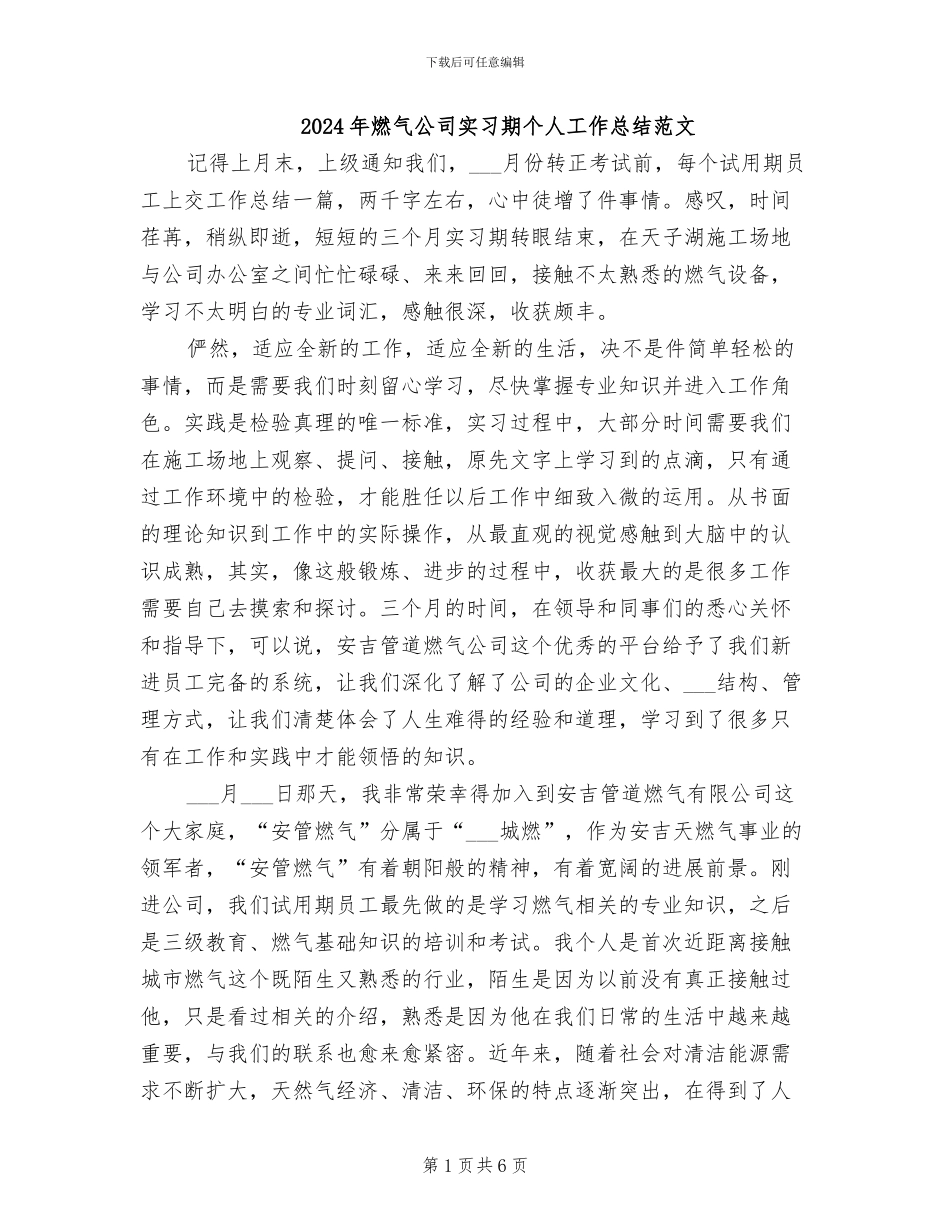 2024年燃气公司实习期个人工作总结范文_第1页