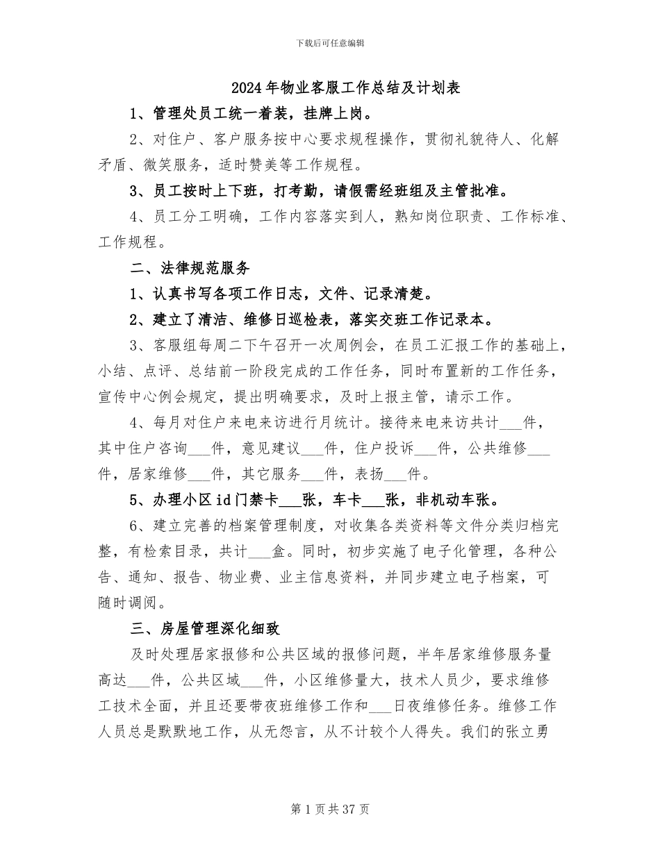2024年物业客服工作总结及计划表_第1页