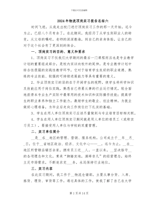 2024年物流顶岗实习报告总结六