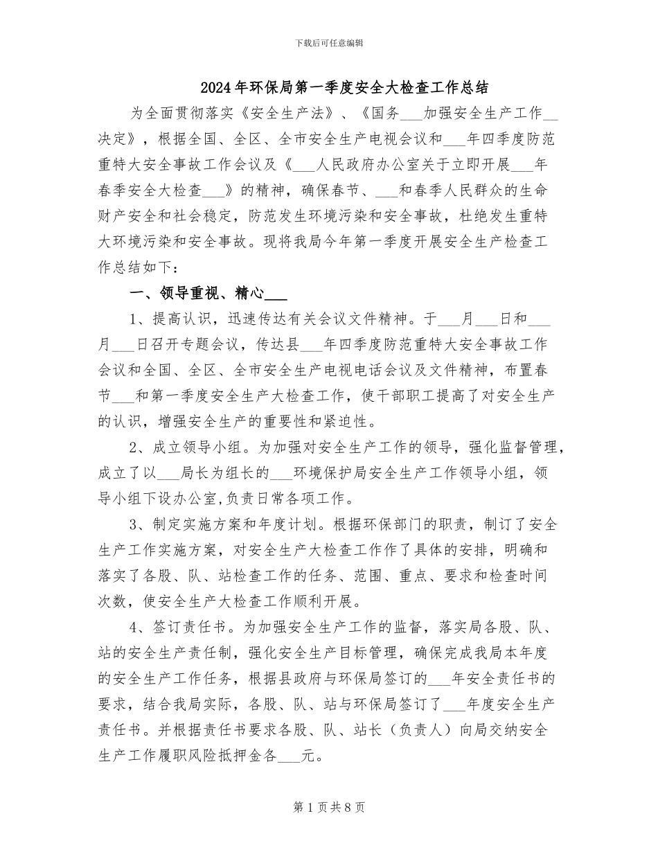 2024年环保局第一季度安全大检查工作总结_第1页