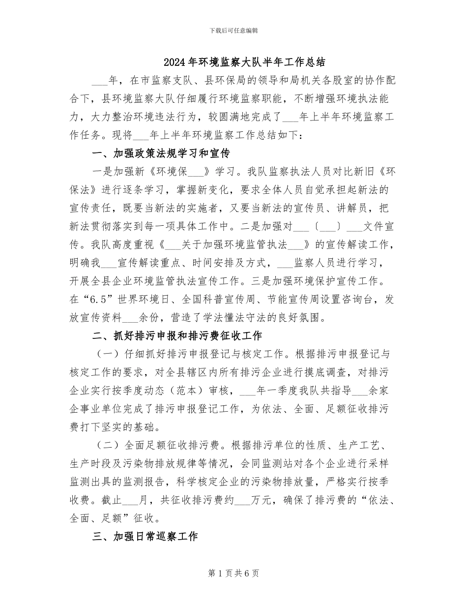 2024年环境监察大队半年工作总结_第1页
