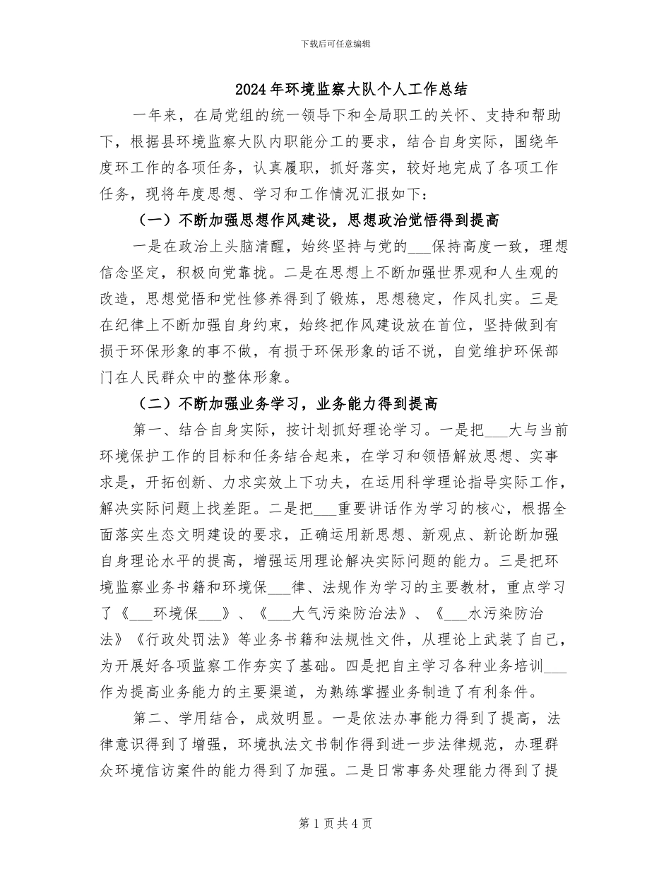2024年环境监察大队个人工作总结_第1页