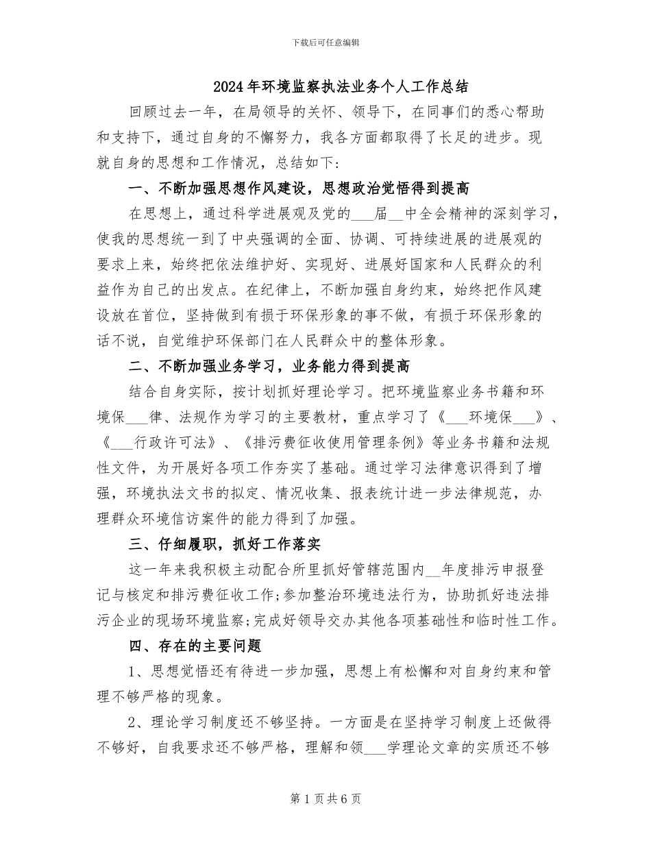 2024年环境监察执法业务个人工作总结_第1页
