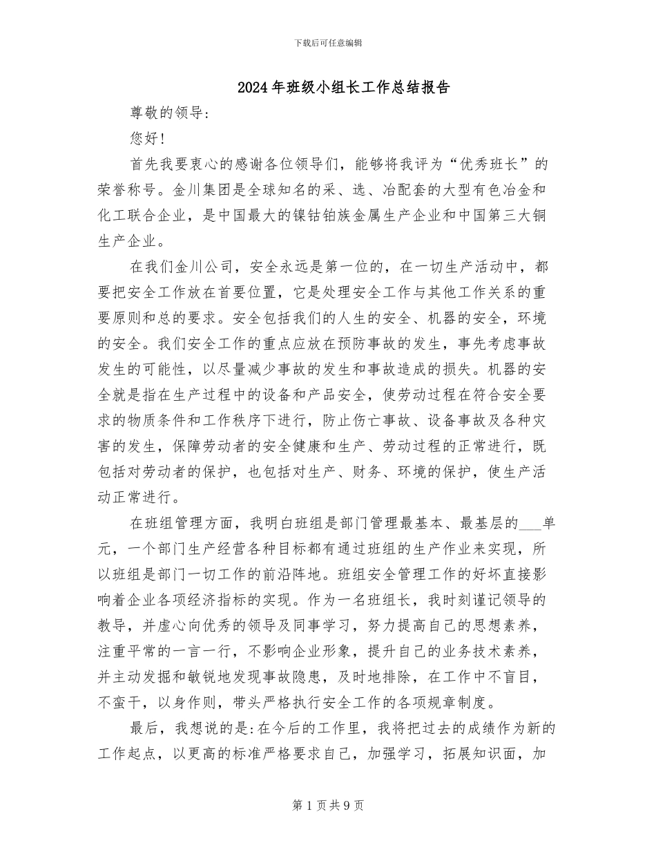 2024年班级小组长工作总结报告_第1页