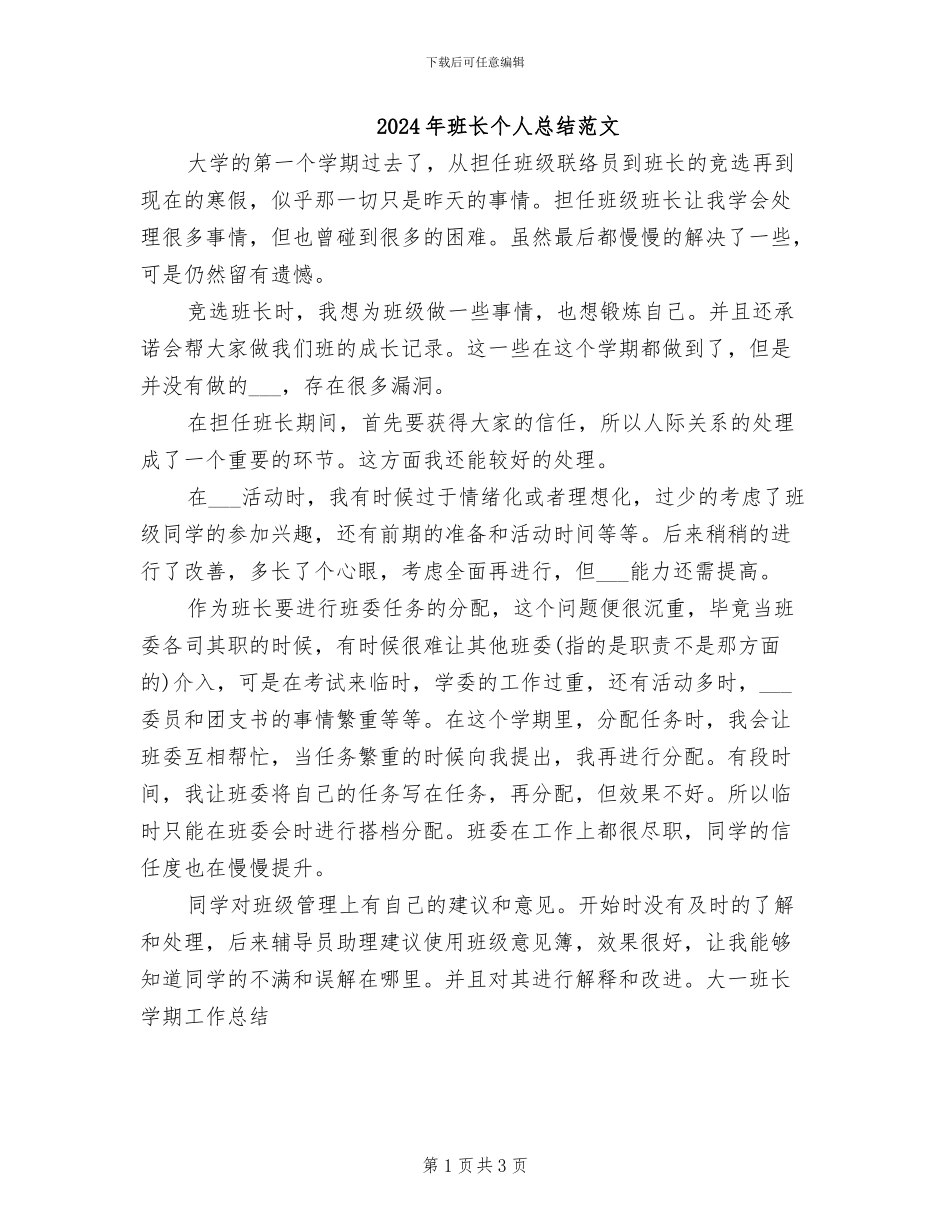 2024年班长个人总结范文_第1页