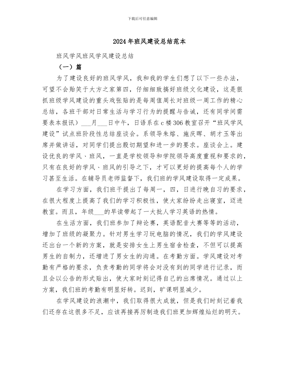 2024年班风建设总结范本_第1页