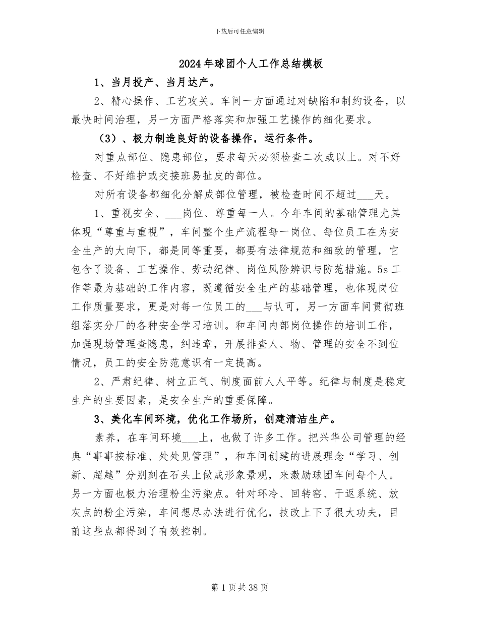 2024年球团个人工作总结模板_第1页
