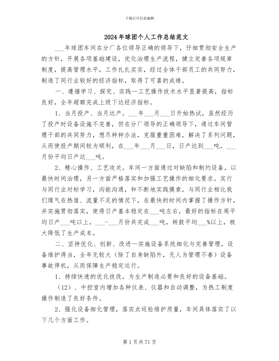 2024年球团个人工作总结范文_第1页