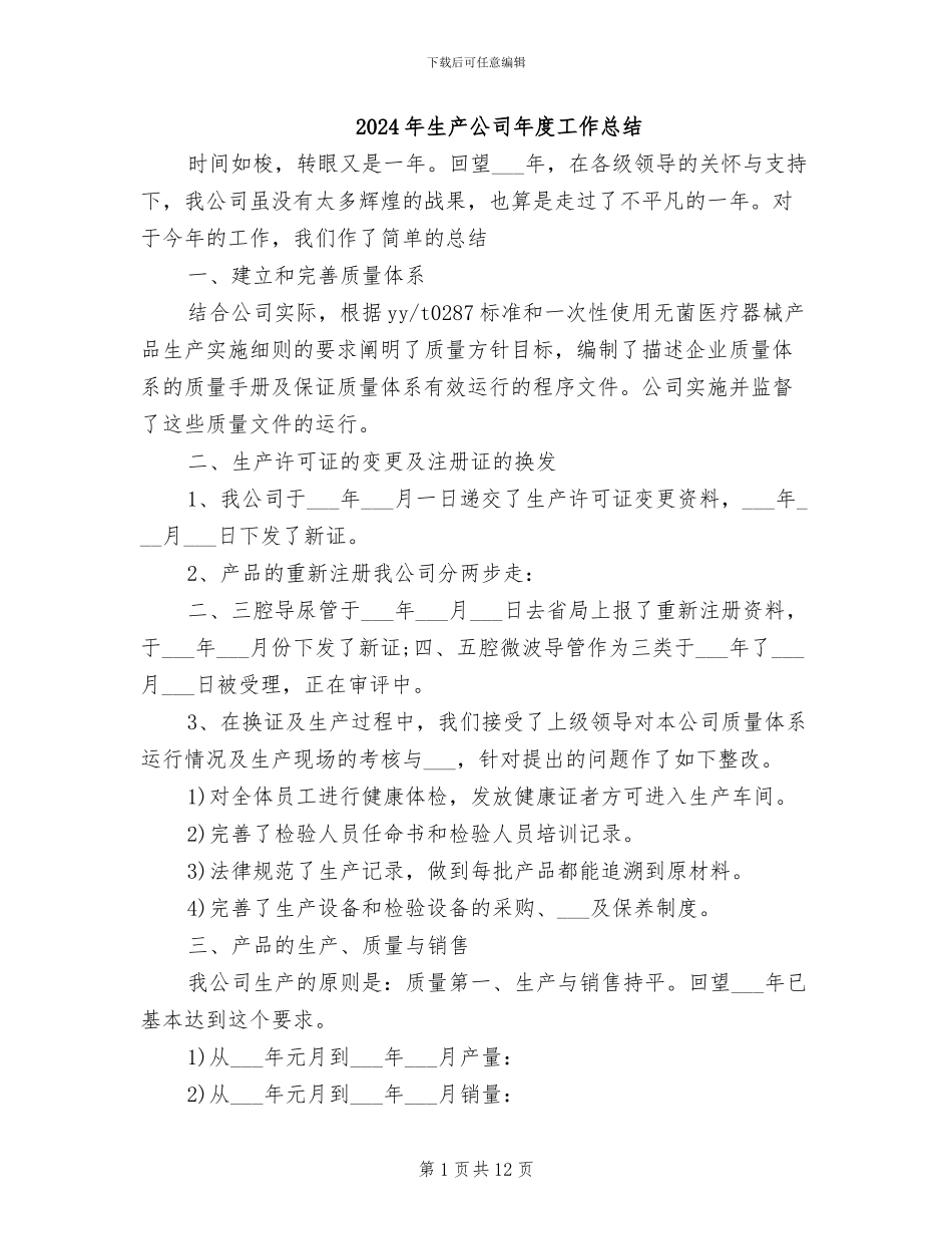 2024年生产公司年度工作总结_第1页