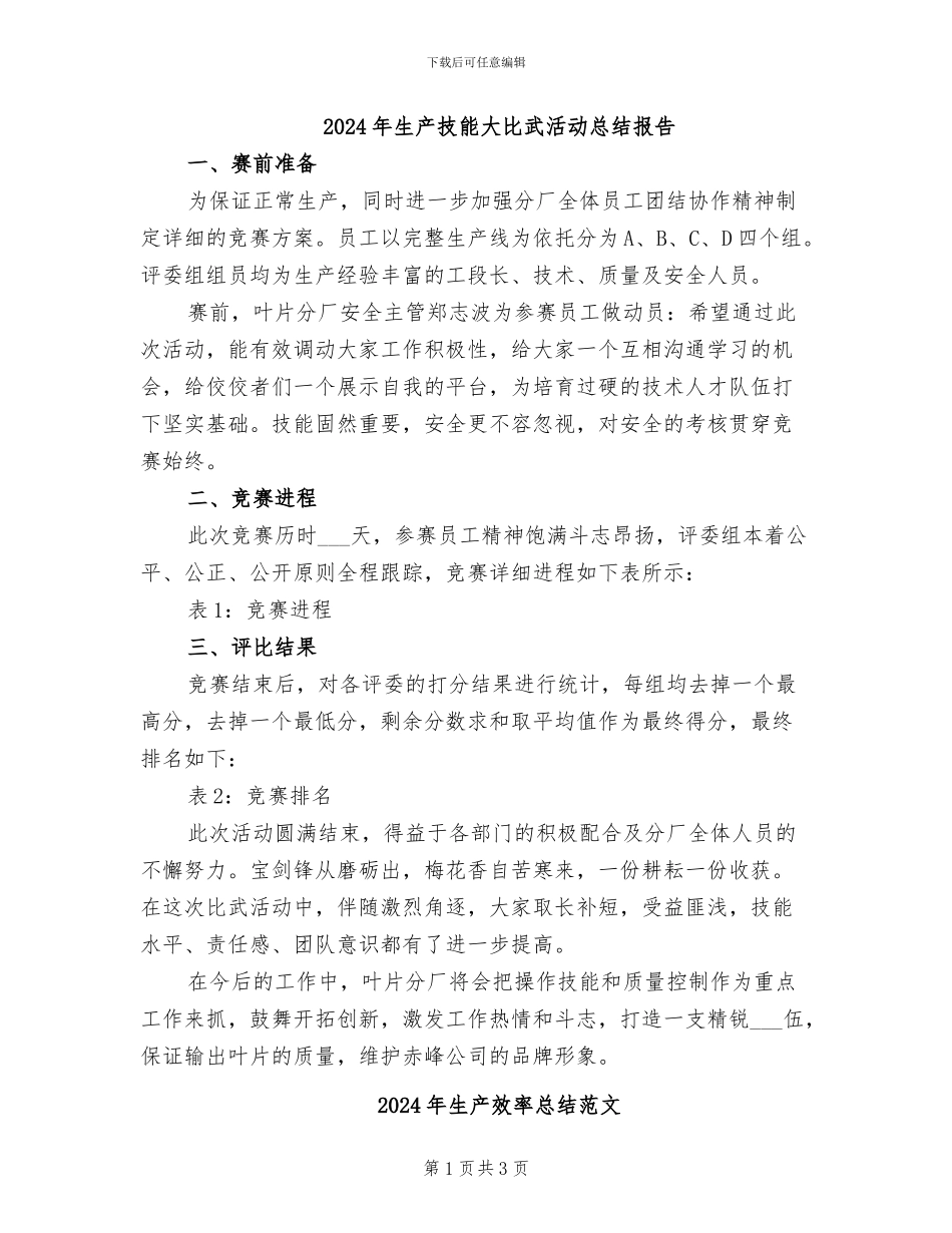 2024年生产技能大比武活动总结报告_第1页