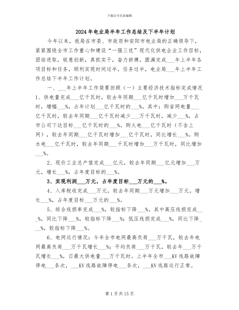 2024年电业局半年工作总结及下半年计划_第1页