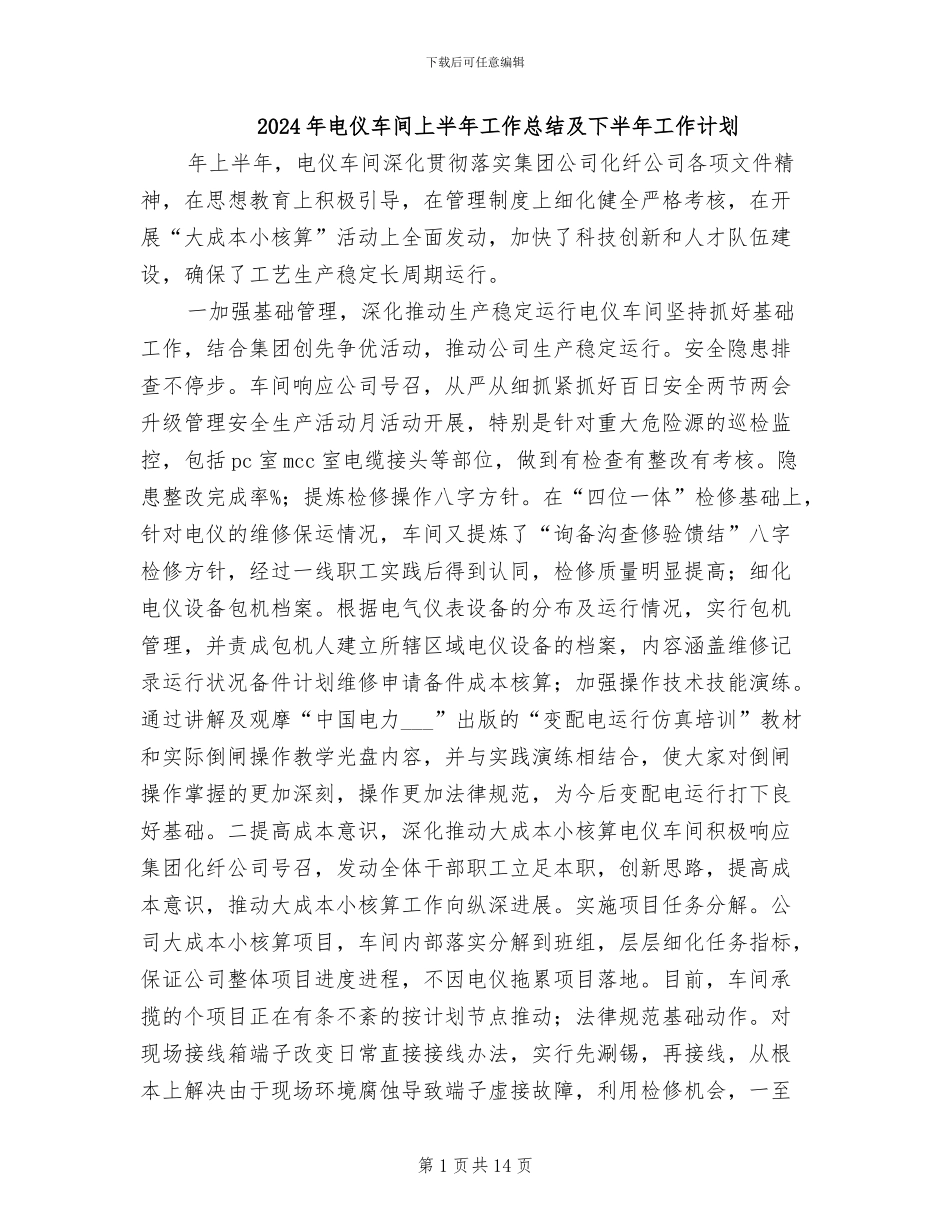 2024年电仪车间上半年工作总结及下半年工作计划_第1页