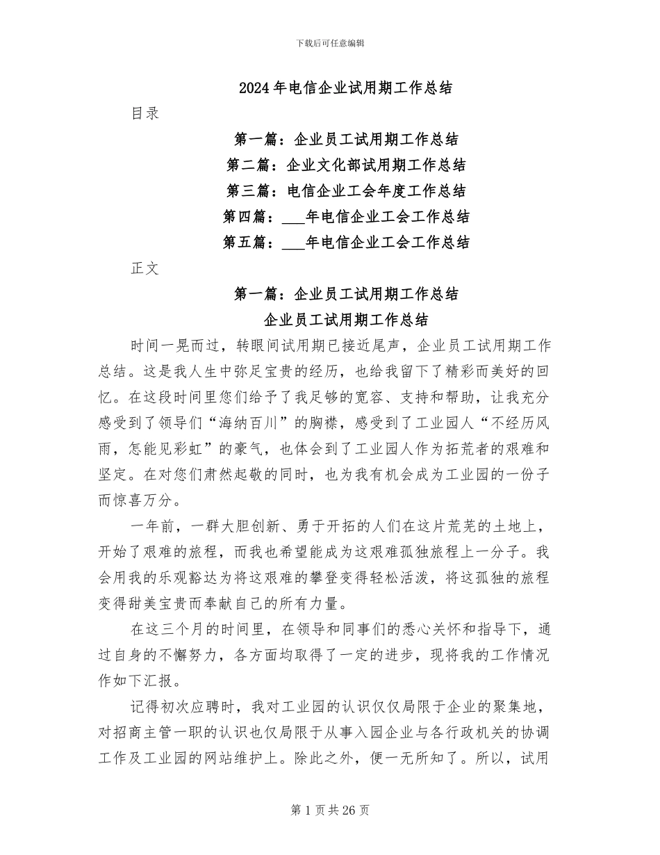 2024年电信企业试用期工作总结_第1页