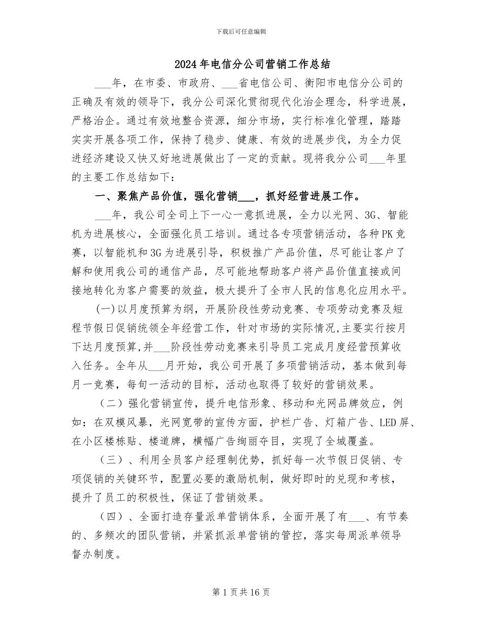 2024年电信分公司营销工作总结_第1页
