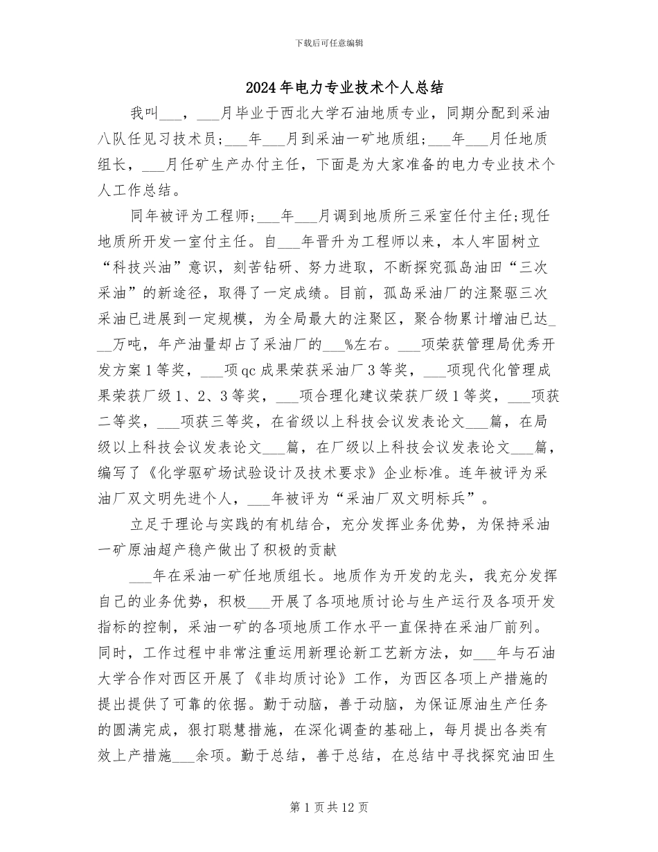2024年电力专业技术个人总结_第1页