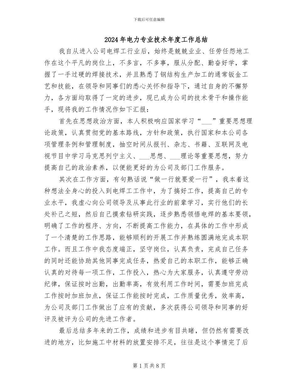 2024年电力专业技术年度工作总结_第1页